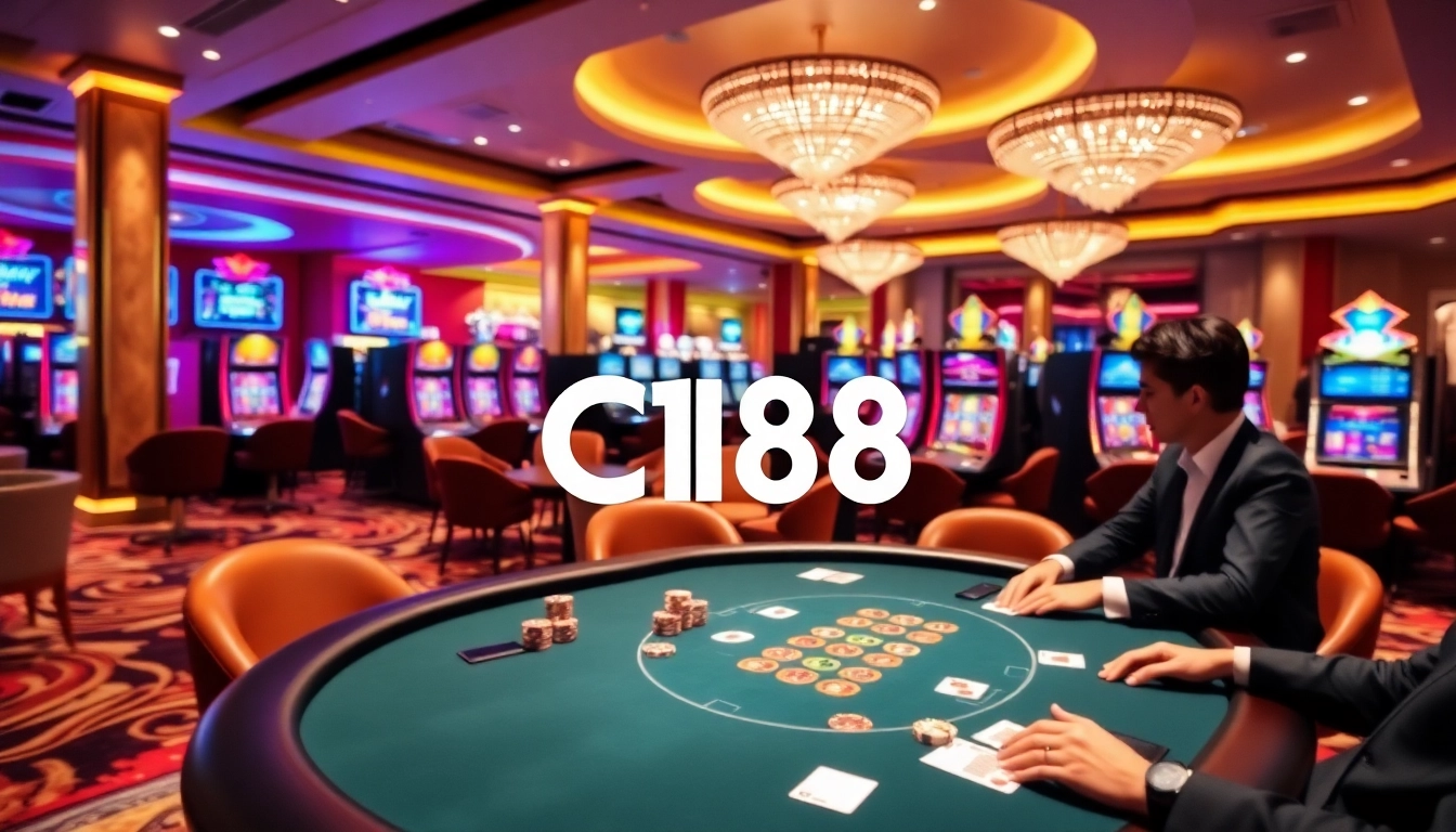 C168 poker players strategizing at an upscale casino table, showcasing vibrant gambling atmosphere.