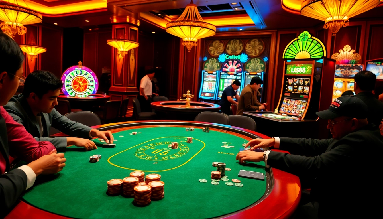 Experience the excitement of LC88 at a luxurious poker table with vibrant casino elements.
