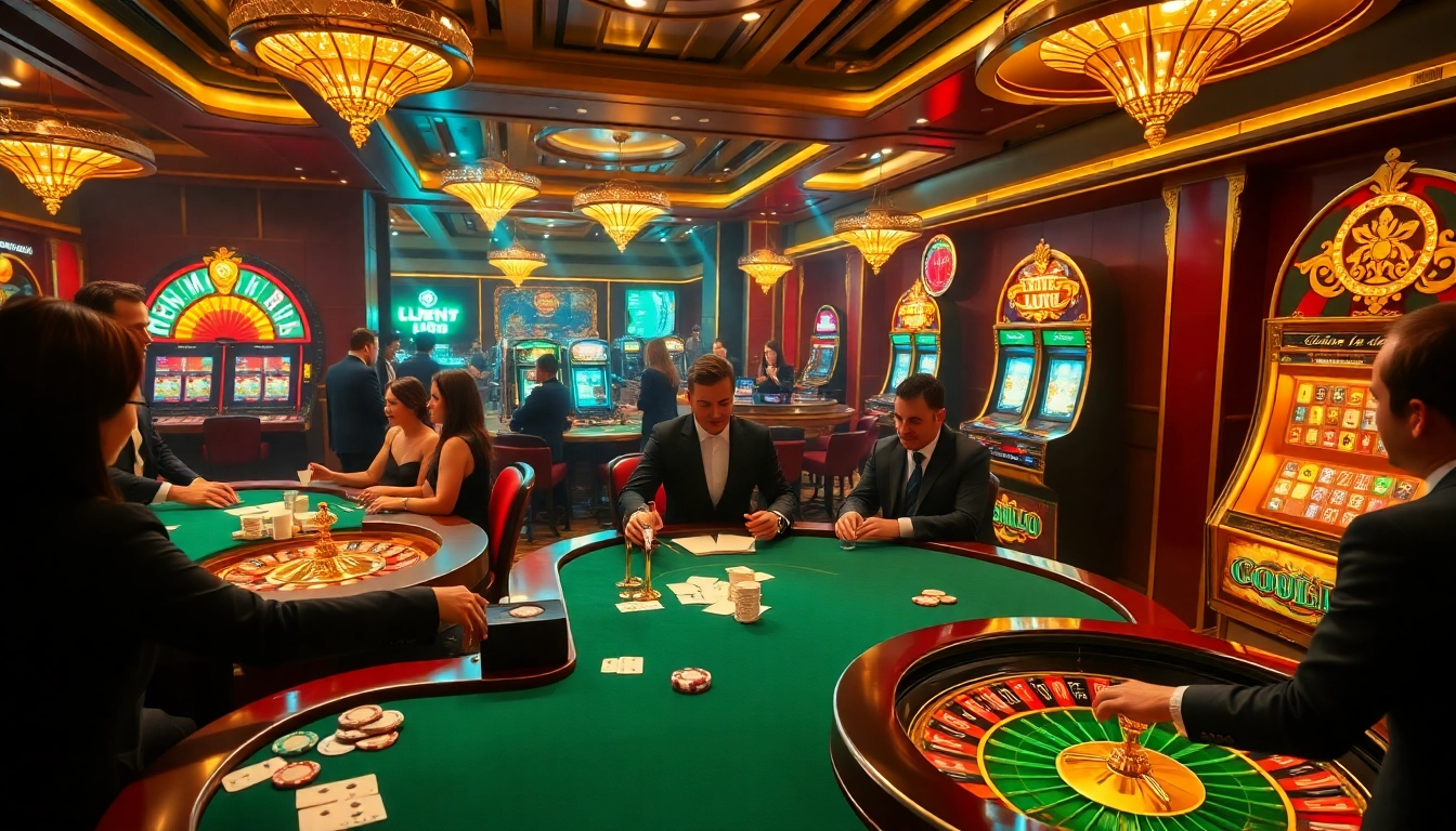 Players enjoying a thrilling game at an online casino featuring 99ok elements like poker and roulette.