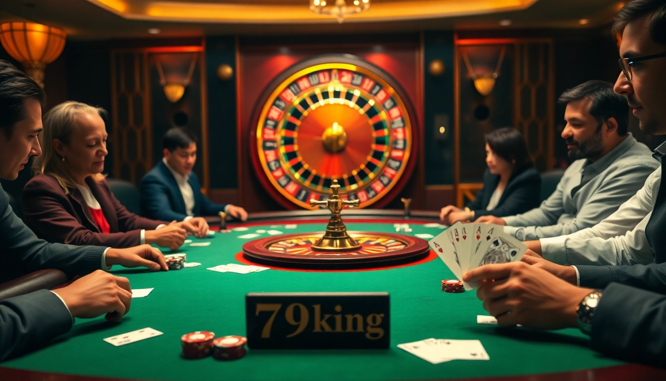 A thrilling moment at the 79king casino poker table with players placing high-stakes bets.