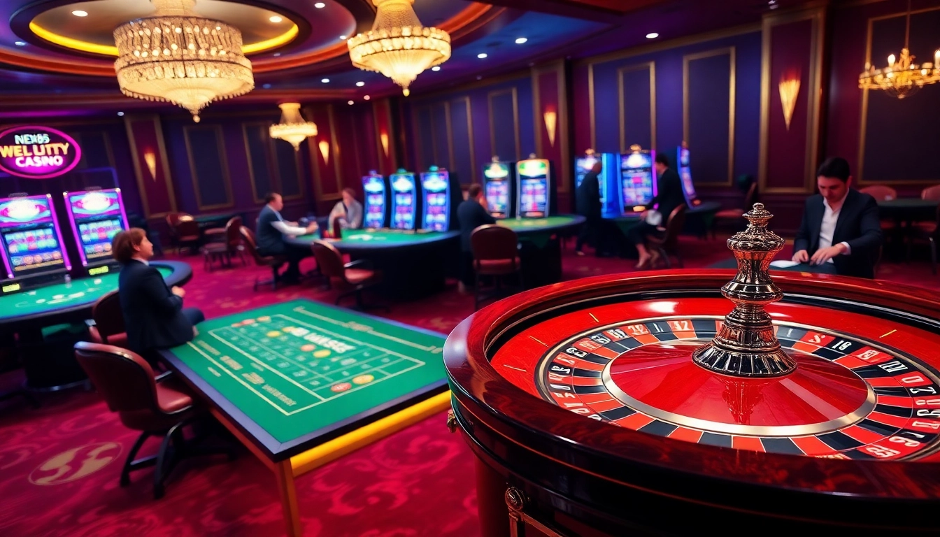 Experience the thrill of new88 with an exciting casino scene showcasing roulette, poker, and slot machines.