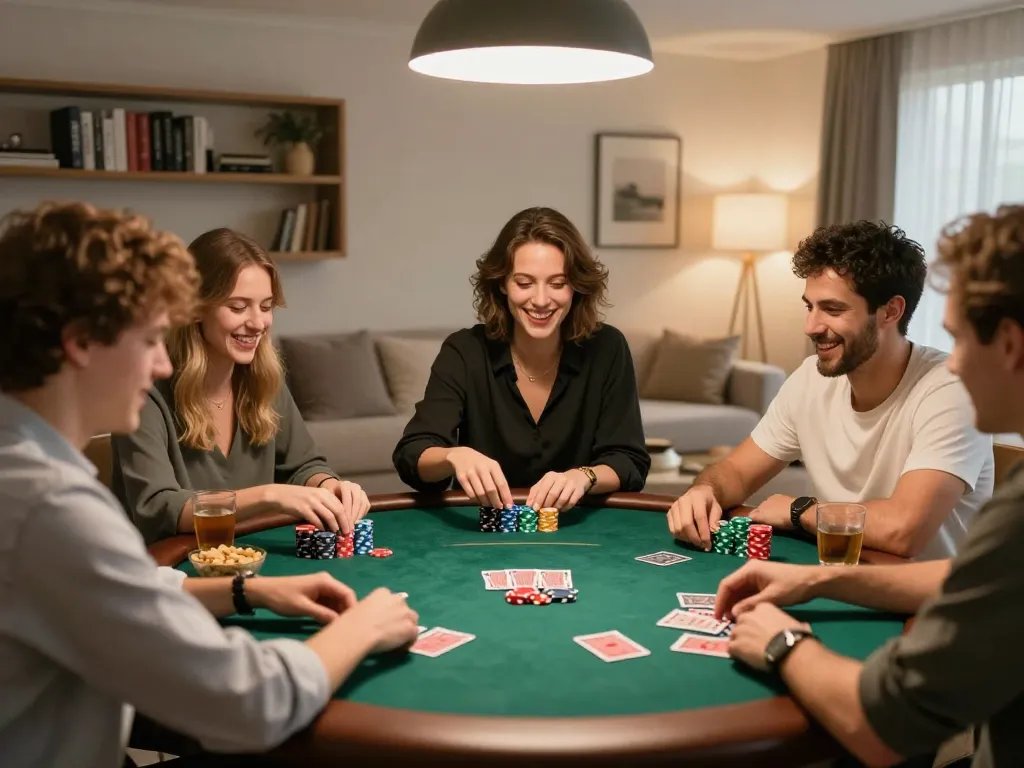 Friends enjoying a lively poker night at home, showcasing Vin88 gaming atmosphere with excitement and strategy