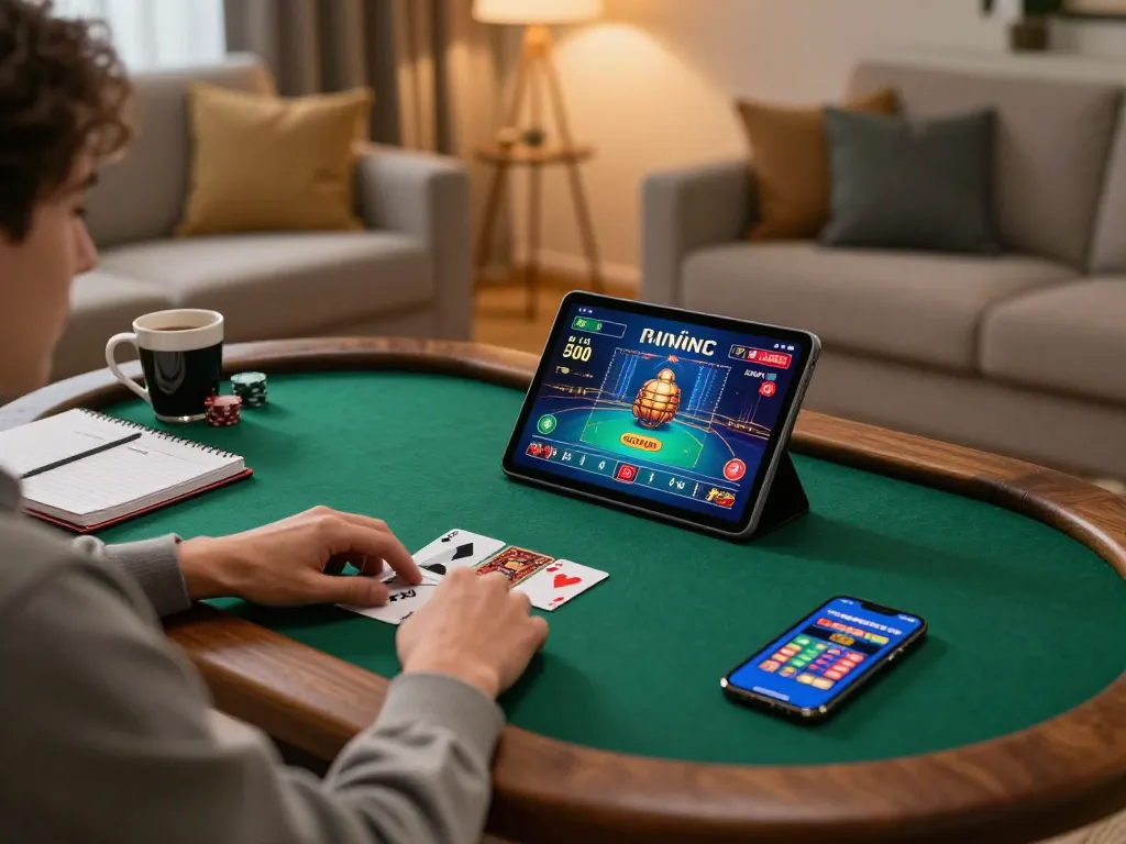 Engaging in a strategic poker game online with five88 app in a cozy home setting