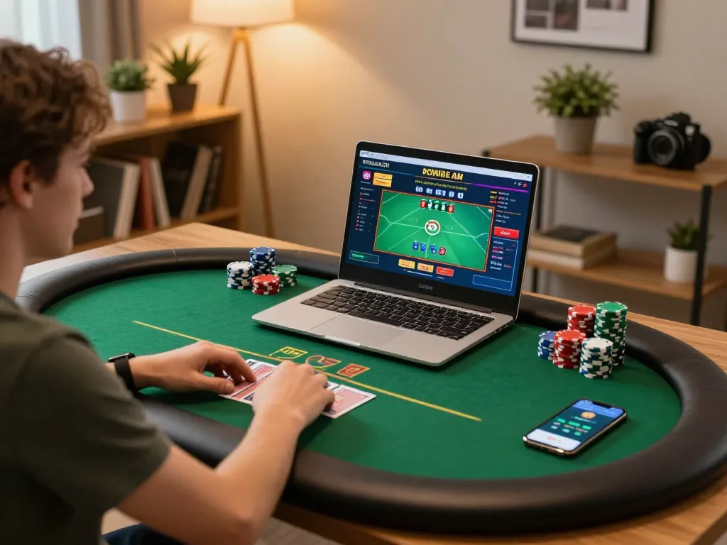 Engaged player bets in dh88 poker session at home with gaming setup and warm lighting.