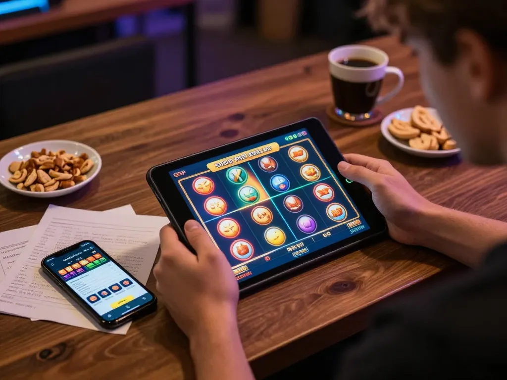 DRAGON222 player enjoying mobile slot games on tablet with strategic notes and casual setup.