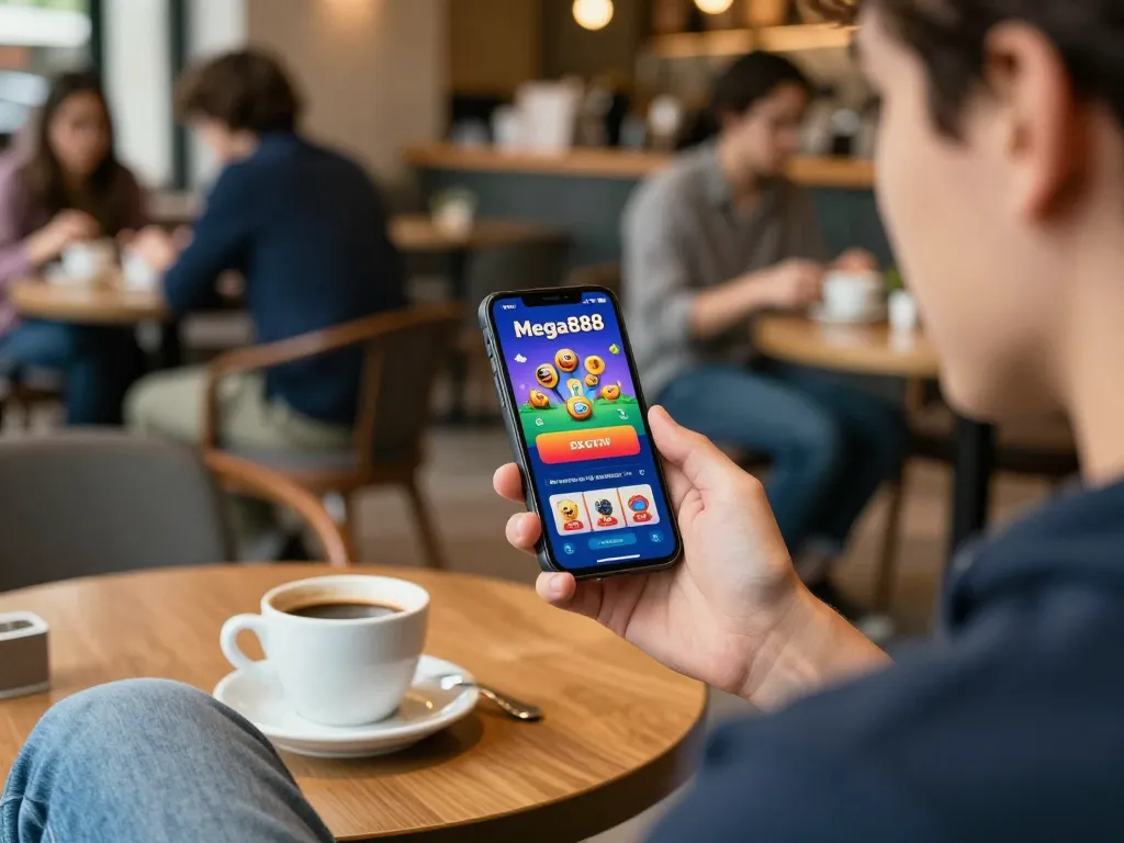 Detik menarik memuat turun aplikasi Mega888 di telefon pintar dalam suasana kafe yang meriah, menonjolkan permainan mudah alih.