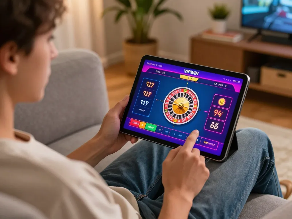 Engaged player using VIPWIN tablet for online roulette with colorful interface in cozy setting