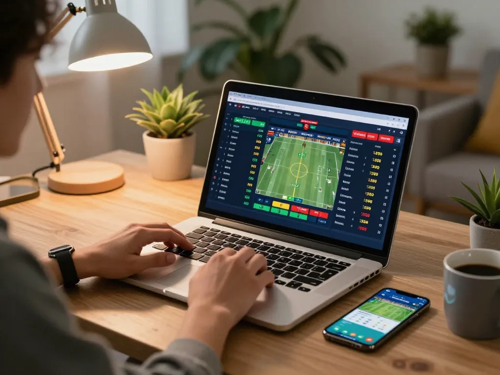 Engage in live sports betting strategies with 7meter Link Alternatif on a laptop in modern home office.