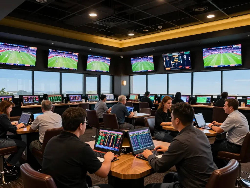 Engaging scene of bettors reviewing kèo nhà cái trực tiếp while placing bets in a stylish sportsbook atmosphere.