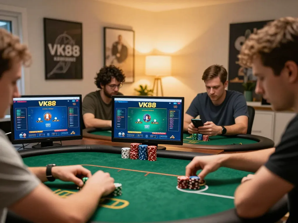 Engaging moment of online poker players using VK88 app for strategic betting decisions in a cozy setting.