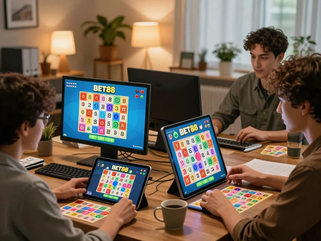 Players enjoying an online bingo game at BET88 with colorful cards and engaged expressions.