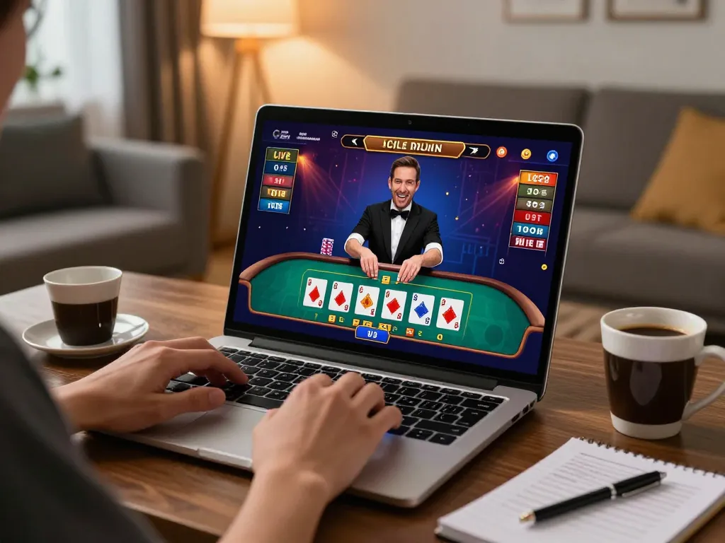 Engaging with uu88 online gaming experience on a laptop with cards and betting interface.