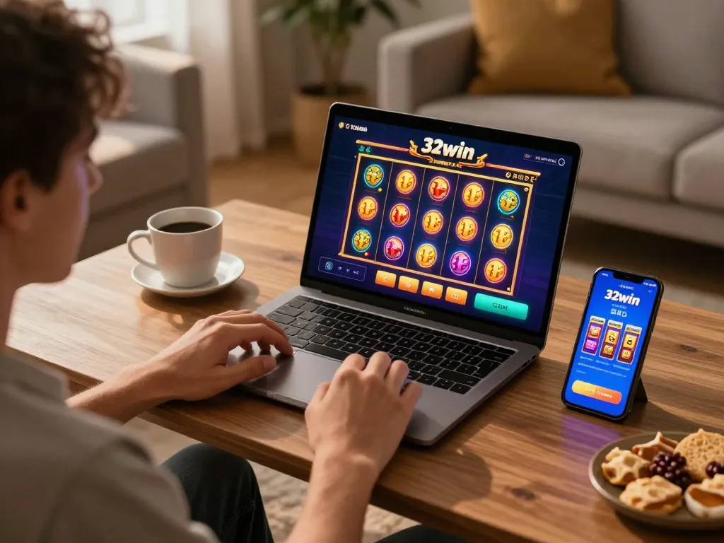 Engaging in thrilling online gameplay on 32win's platform with colorful slot visuals.