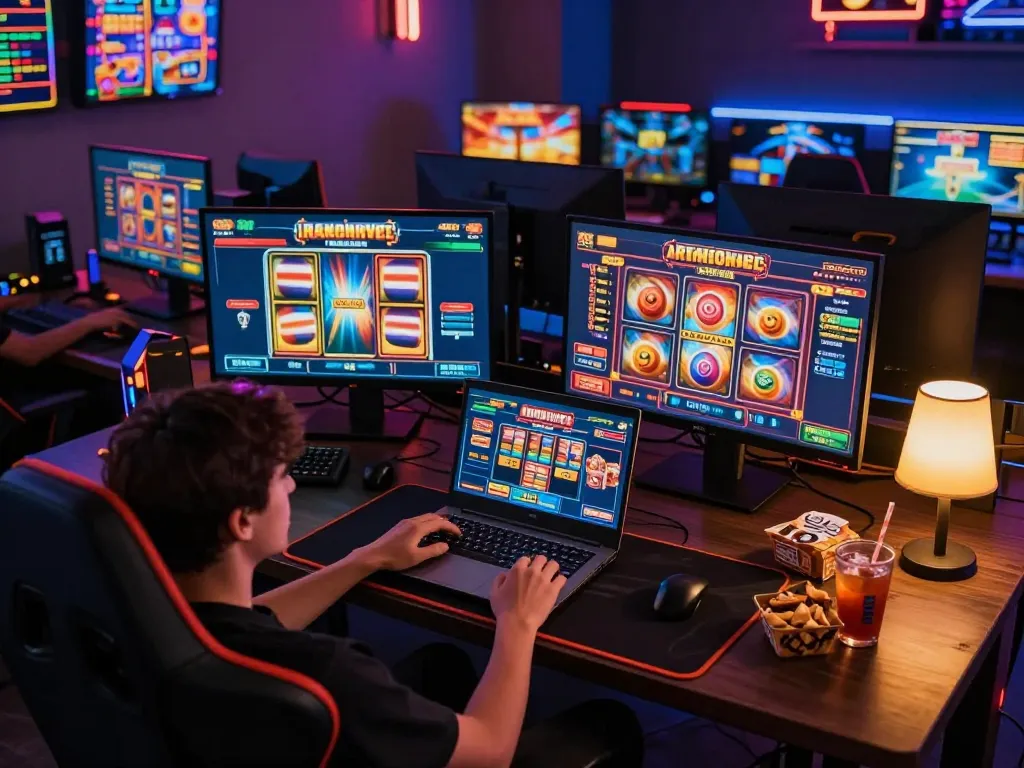 Players enjoying thrilling gameplay on SlotsGG platform in a cozy gaming setup.