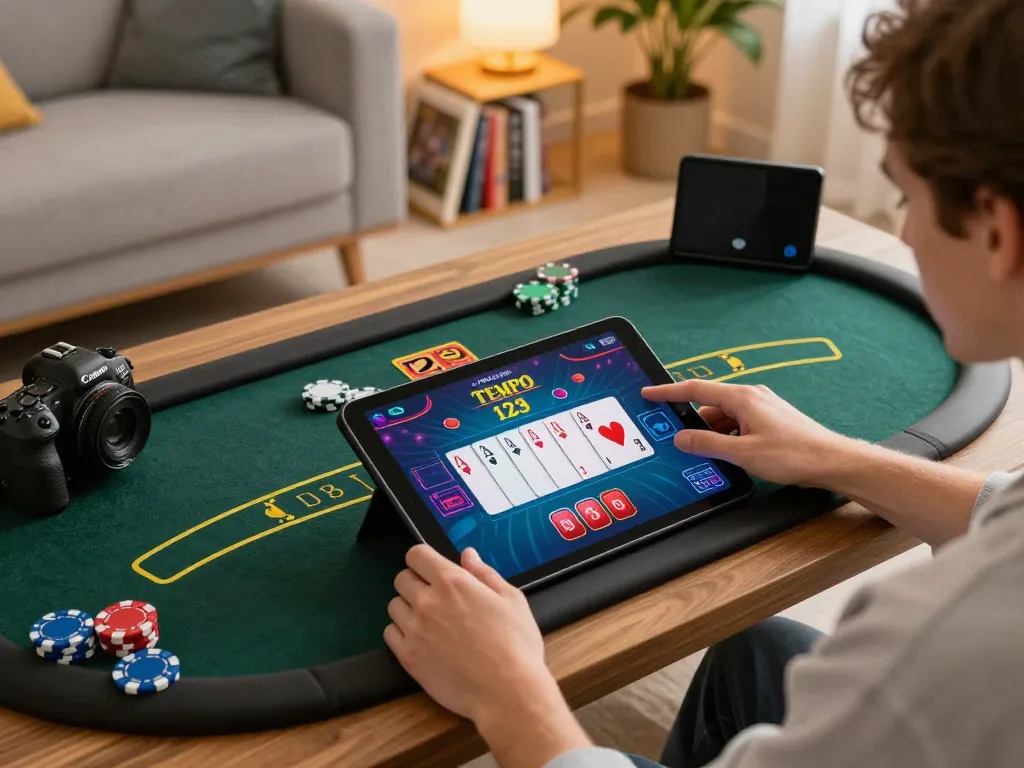 Engaging gameplay on Tempo 123 poker interface in a cozy home setting.