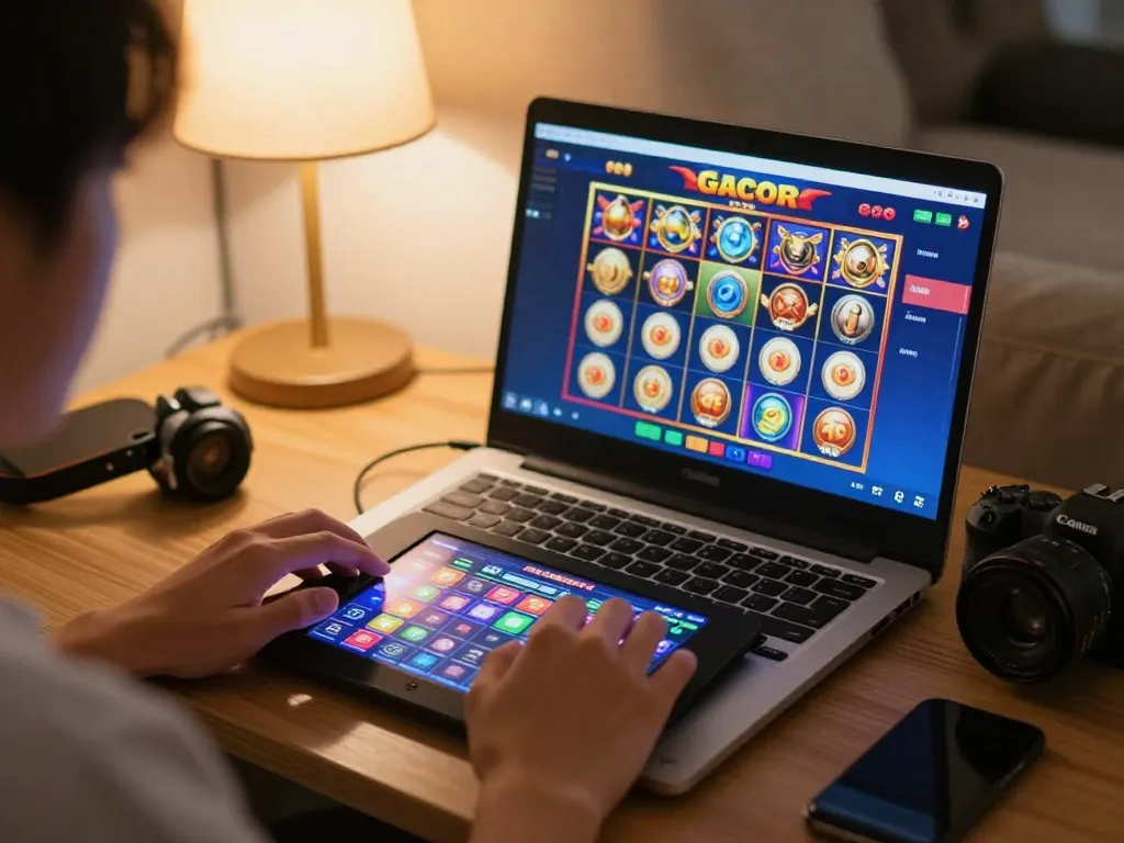 Engaging with a gacor slot game on a laptop during a cozy home gaming session