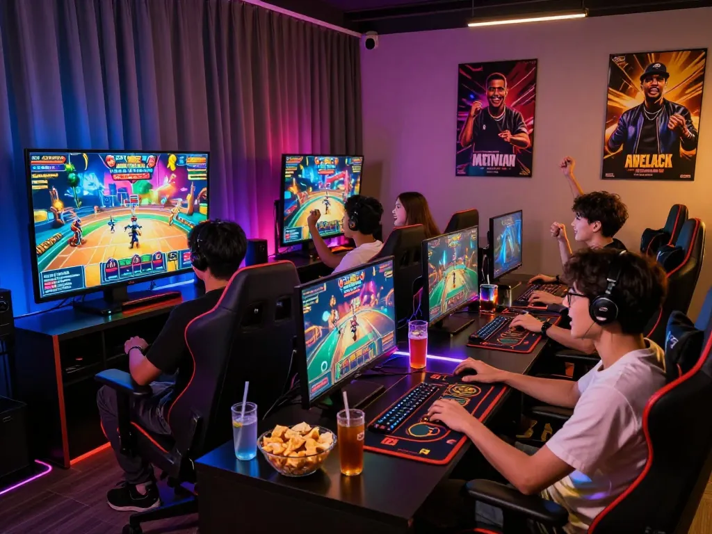 Group enjoying the excitement of online gambling at tot88 in a vibrant gaming lounge.