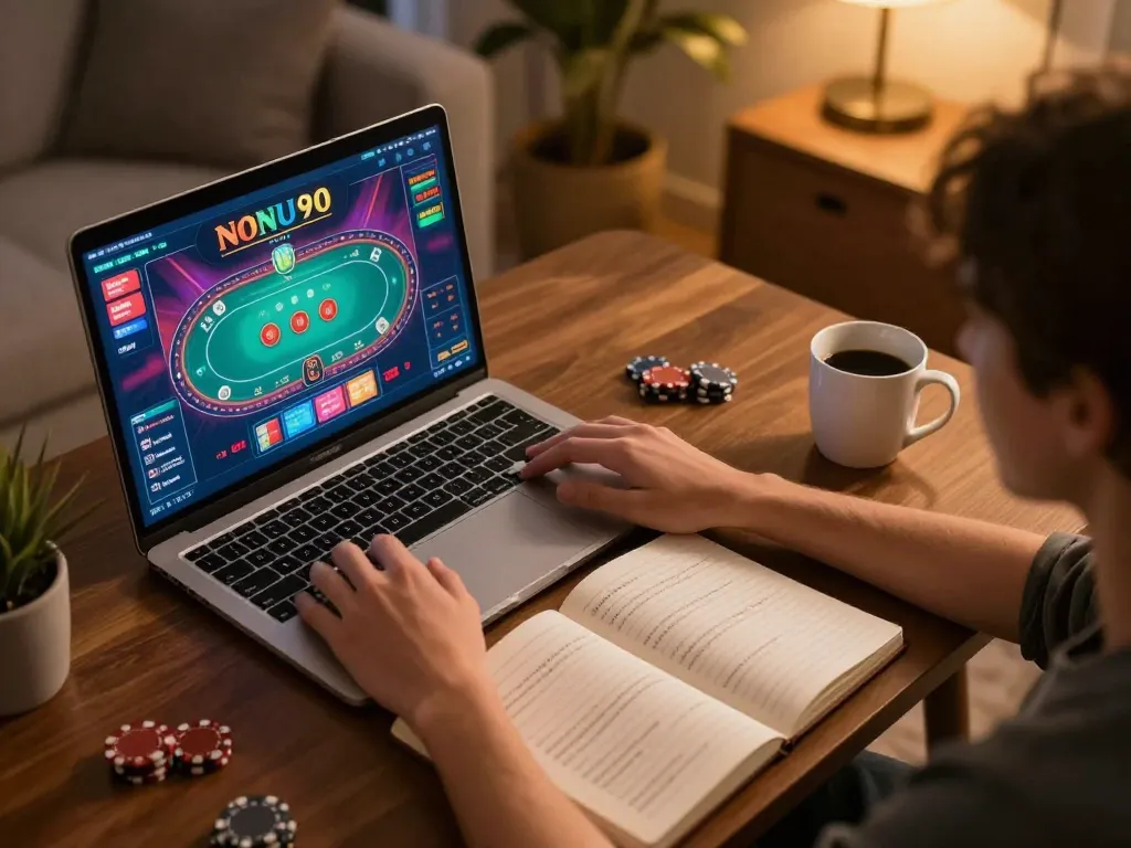 Noh90 player engaging in online poker from a comfortable home setup with vibrant interface