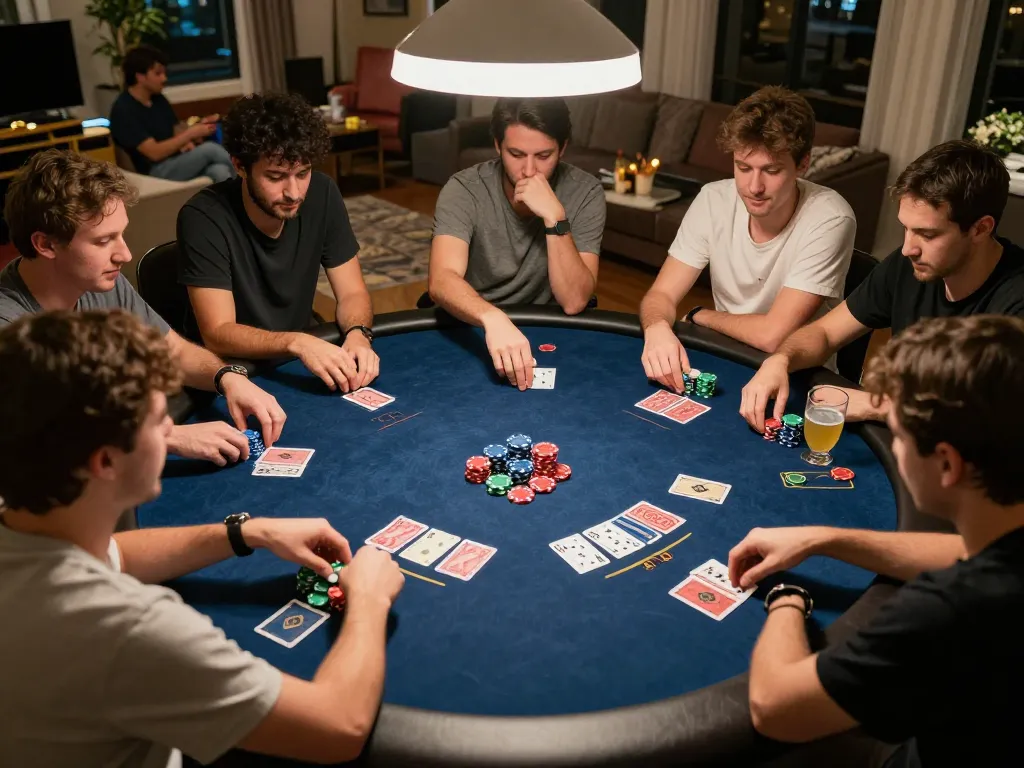 Players enjoying an exciting poker night at home with O8 branding visible, showcasing strategic gameplay.
