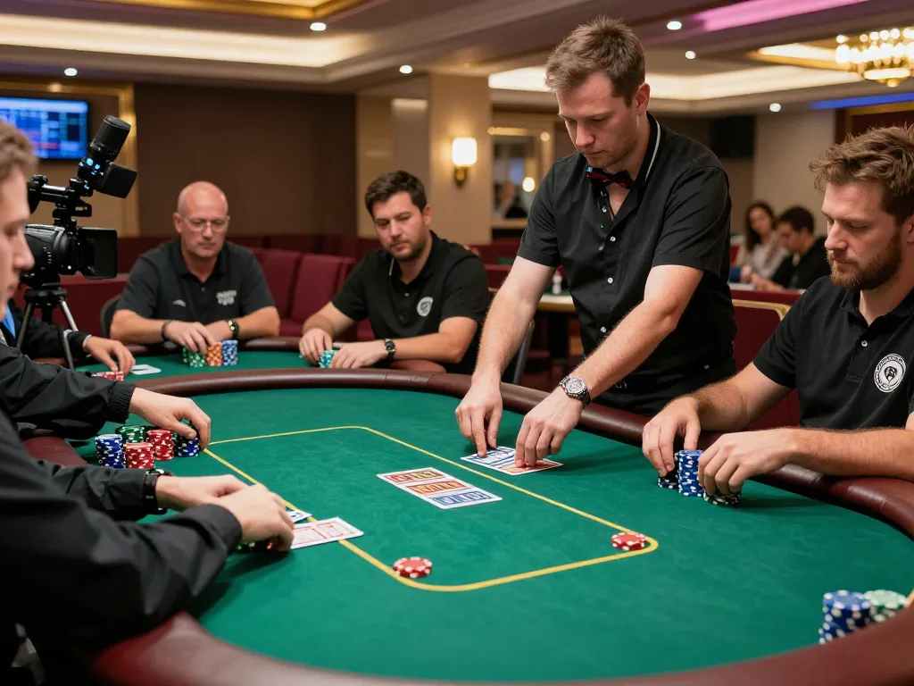 Players experience the thrill of strategy and skill at a KO66 poker tournament in a lavish casino.