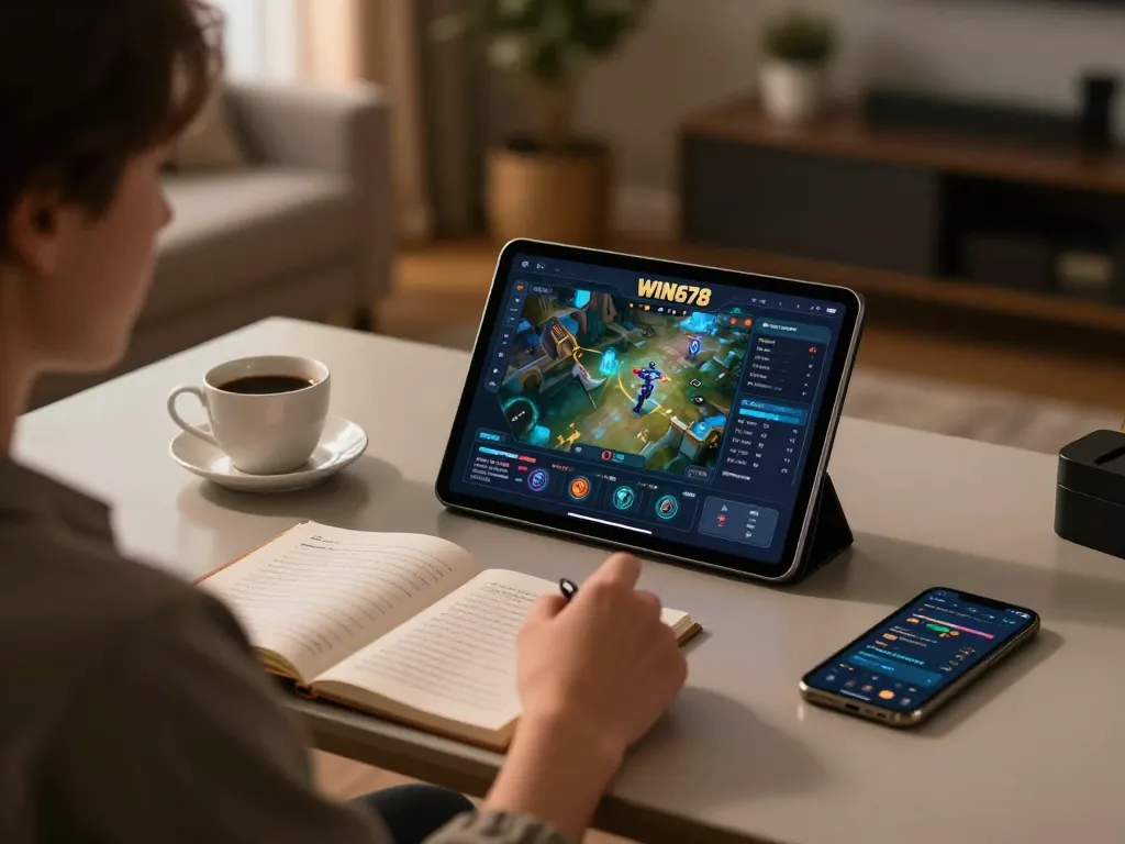 Engaging online gaming session using WIN678 tablet, creating a cozy gambling atmosphere.