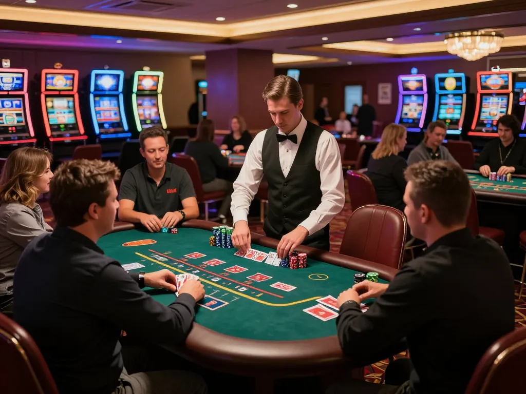Players enjoy blackjack at OKFUN casino, showcasing an exciting gambling scene with vibrant lights