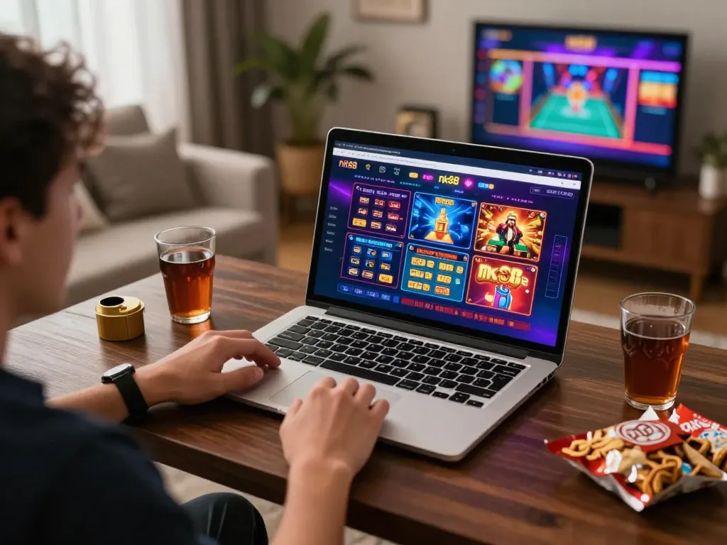 Engaging with nk88 gaming interface on a laptop at home, enjoying a live dealer game.