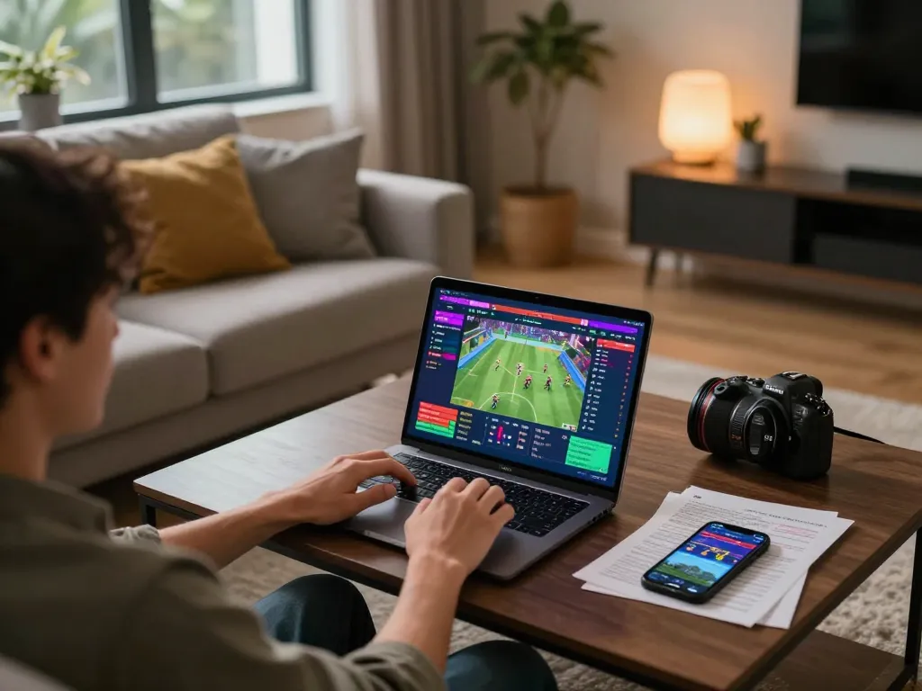 Cakhiatv user engaging in online sports betting at home with laptop and notes.