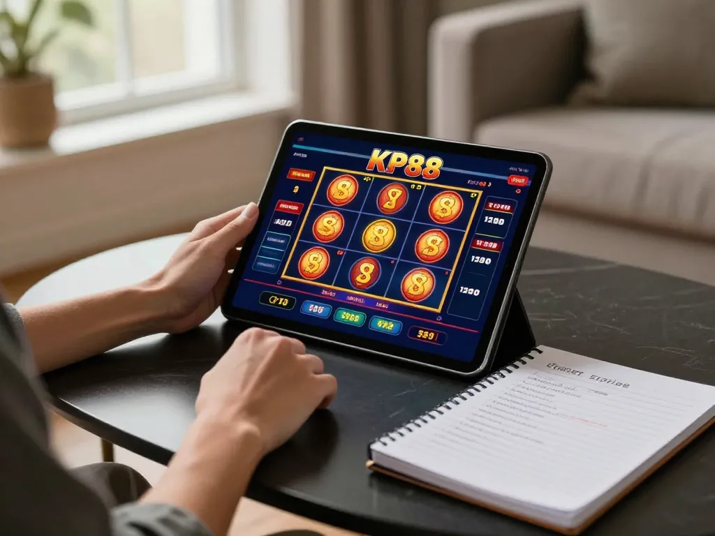 Engaging in online gaming at KP88, exploring vibrant slot games on a tablet in a cozy setup.