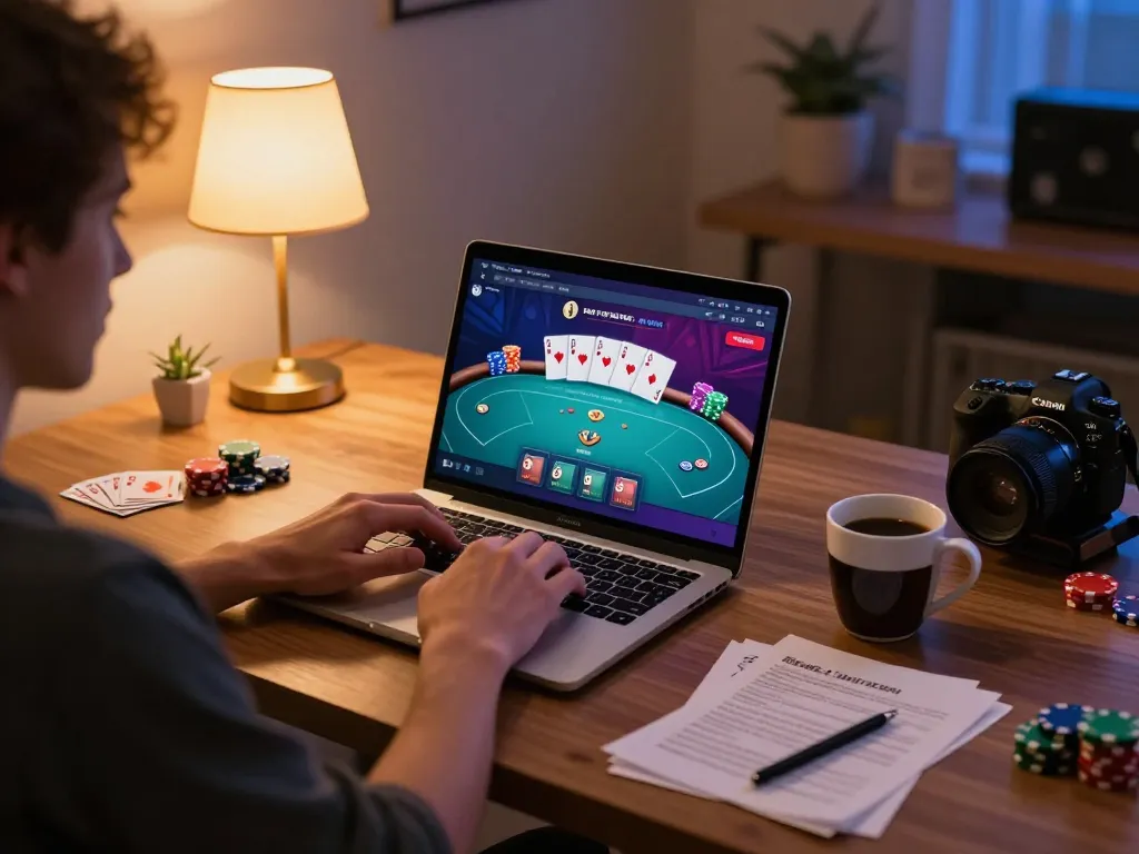 Player engaging in online poker on 555win platform, showcasing cards and chips in a cozy gaming setup.