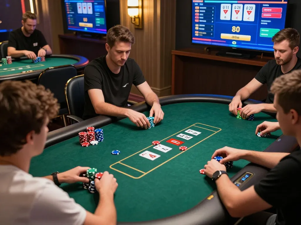 Join the excitement of online poker with Domino88, as players engage in thrilling hands with colorful chips.