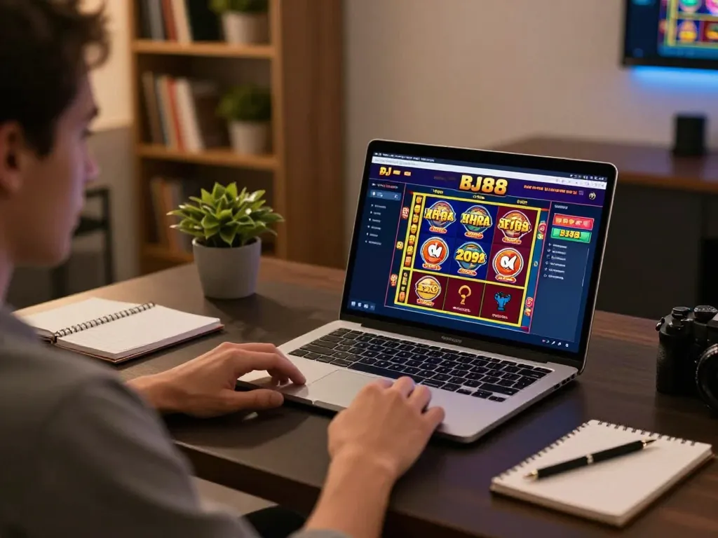 Bj88 online gaming setup featuring a laptop with casino games, encouraging strategic play.