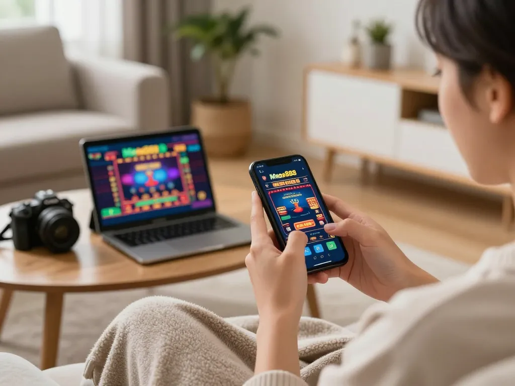 Engaged player using mega888 app on smartphone at home for an exciting gaming experience.