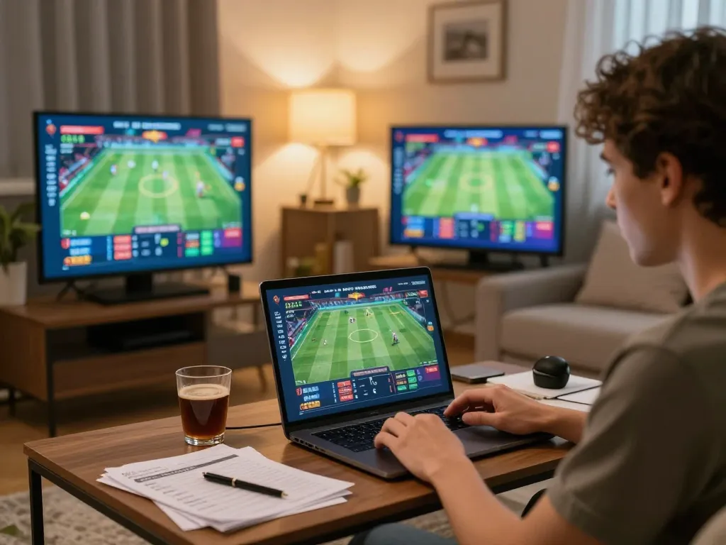 Exciting online sports betting moment at home with OKFUN on laptop screens and strategy notes.