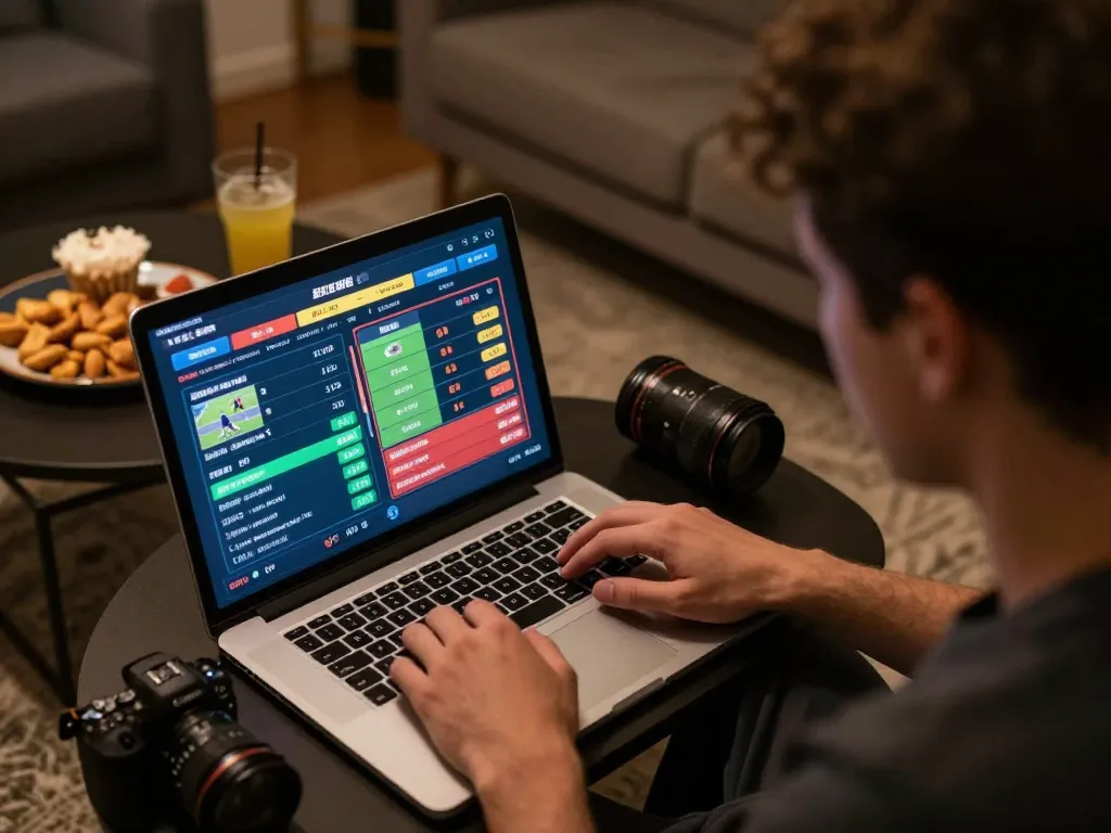 Engaged player analyzing live odds for TR88 sports betting from home, showcasing a focused gaming atmosphere.