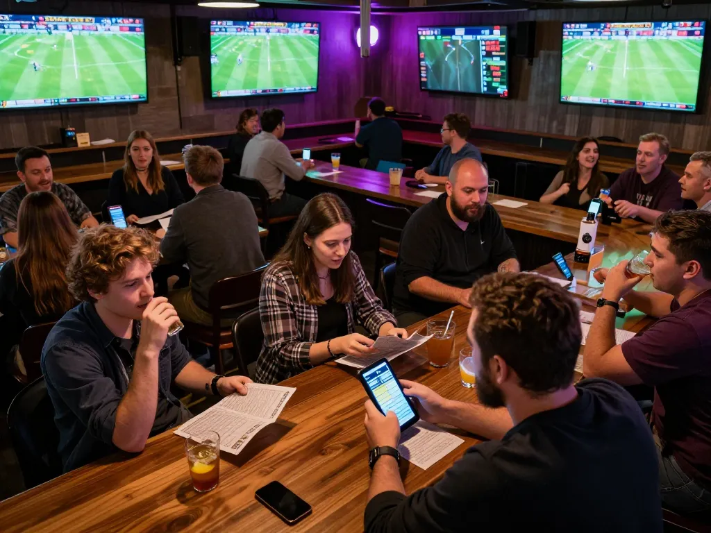 Experience sports betting excitement with LuongsonTV as fans analyze live odds and football matches in a vibrant bar setting.