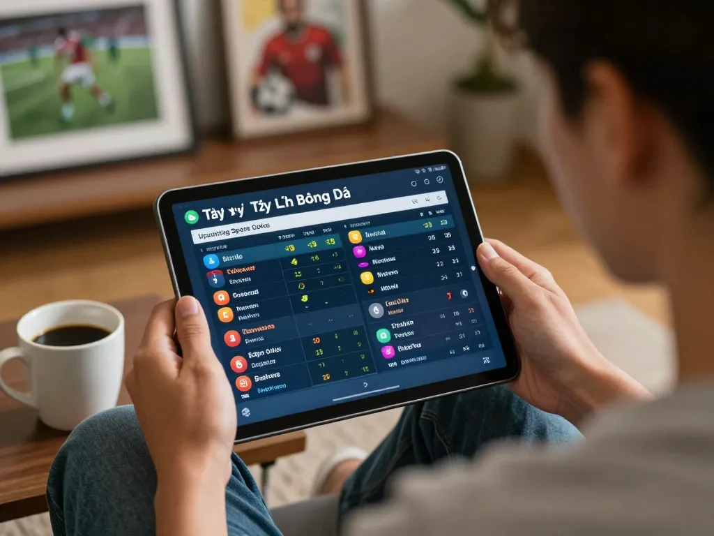 Tỷ Lệ Bóng Đá odds displayed on tablet during a home sports betting session.