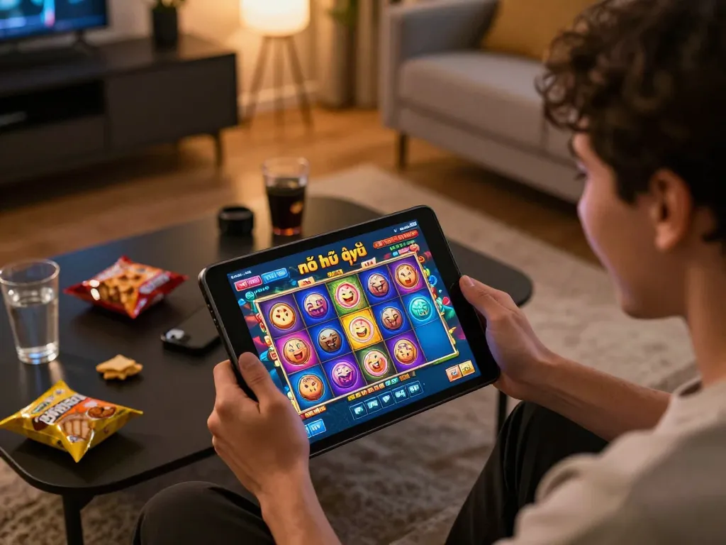 Engaging in nổ hũ đổi thưởng on a tablet in a cozy home setting, showcasing an immersive online gaming experience.