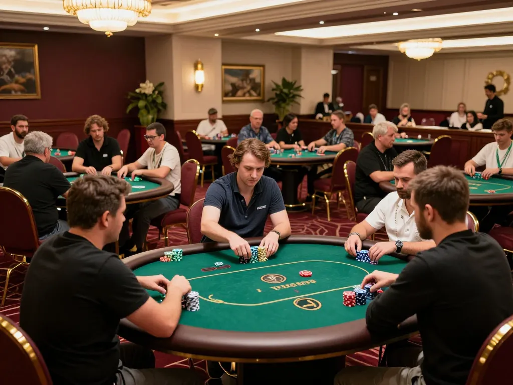 Engaged players in a poker tournament at a vibrant casino featuring mb66 gameplay action.