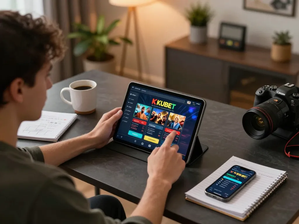KUBET player engaging with online casino app on tablet in stylish home setup, emphasizing responsible gaming.