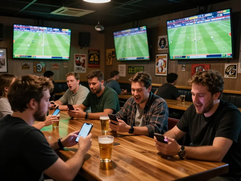 Soi Kèo enthusiasts excitedly betting on live football at a sports bar filled with vibrant energy.