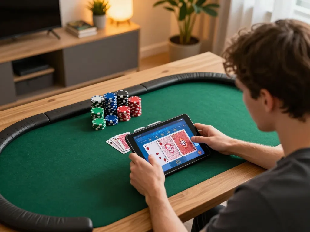 Hello88 players enjoying an online poker game on a tablet in a cozy home setting.