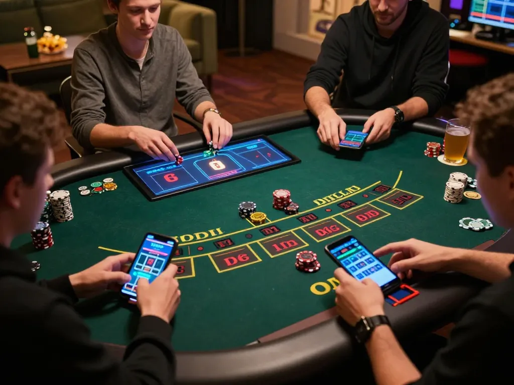 Players strategizing and placing bets at 888New's online blackjack table in a cozy home setting.