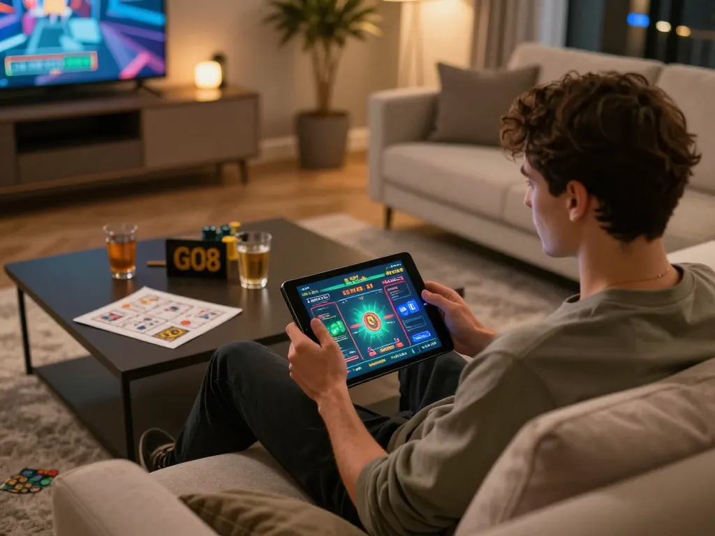 Engaging scene of a player enjoying GO8 online betting on a tablet in a cozy living room
