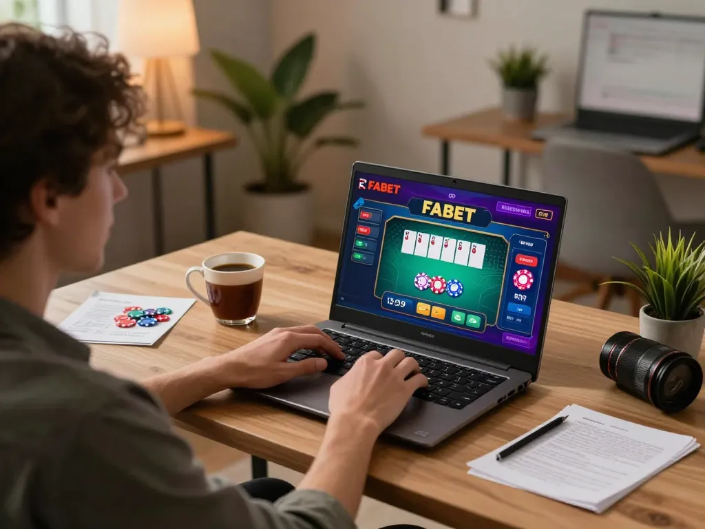 Player engaging with FABET online casino on a laptop, showcasing a poker game interface.