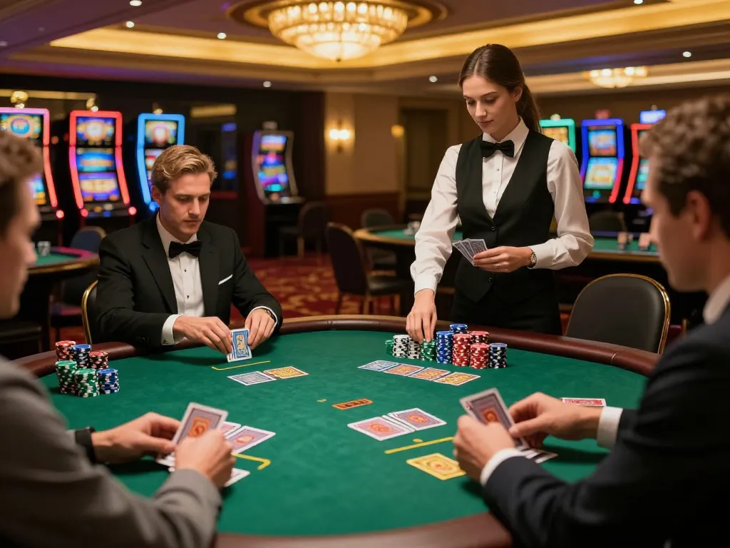 Players strategizing at the mb66 blackjack table in a vibrant casino.