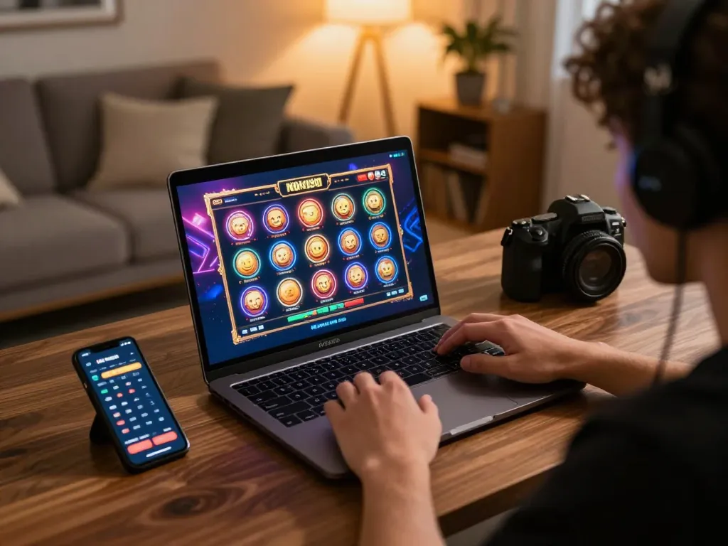 Player engaging in NOHU90 online gambling on a laptop with vibrant slot games displayed.