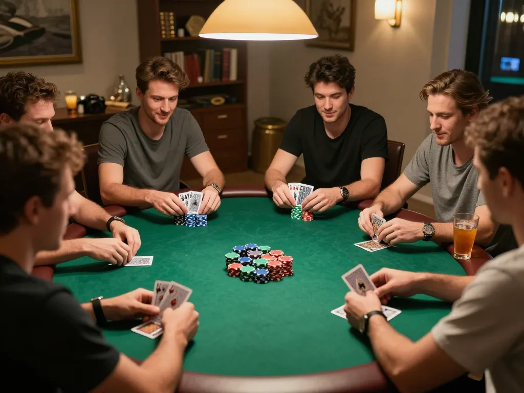Players enjoying a thrilling poker night at home, demonstrating VIPWIN's strategic gaming approach.