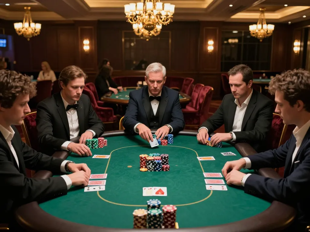 Players engaged in high-stakes poker game at luxury casino showcasing F168 strategy and excitement.