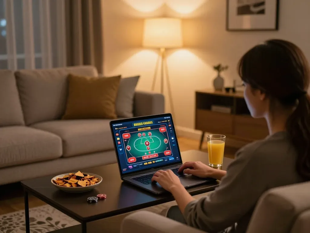 Engaging in online casino gameplay at home with ta88 on a laptop, showcasing strategic betting
